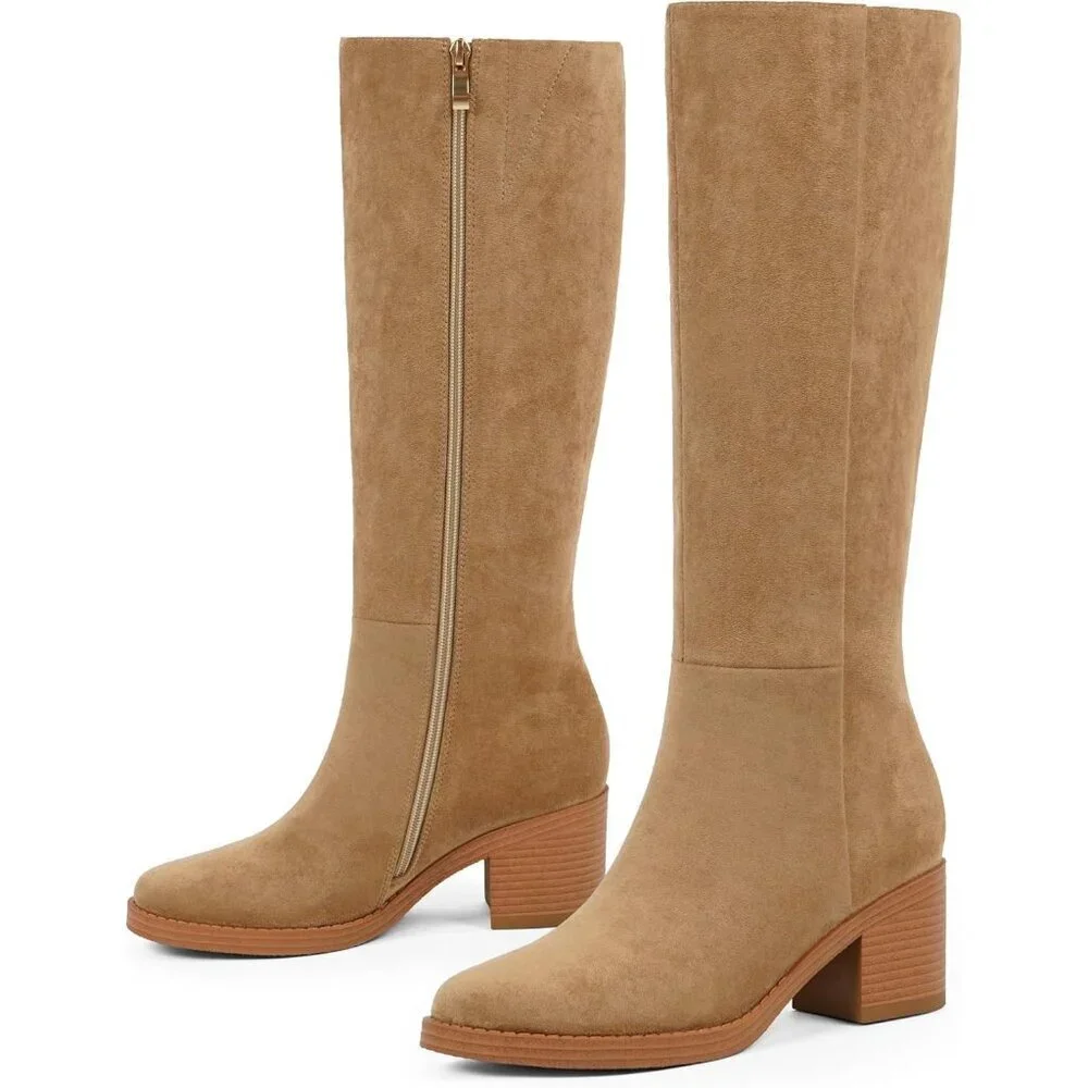 Women's Suede Camel Chunky Heel Round Zipper Winter Dress Tall Knee High Boots